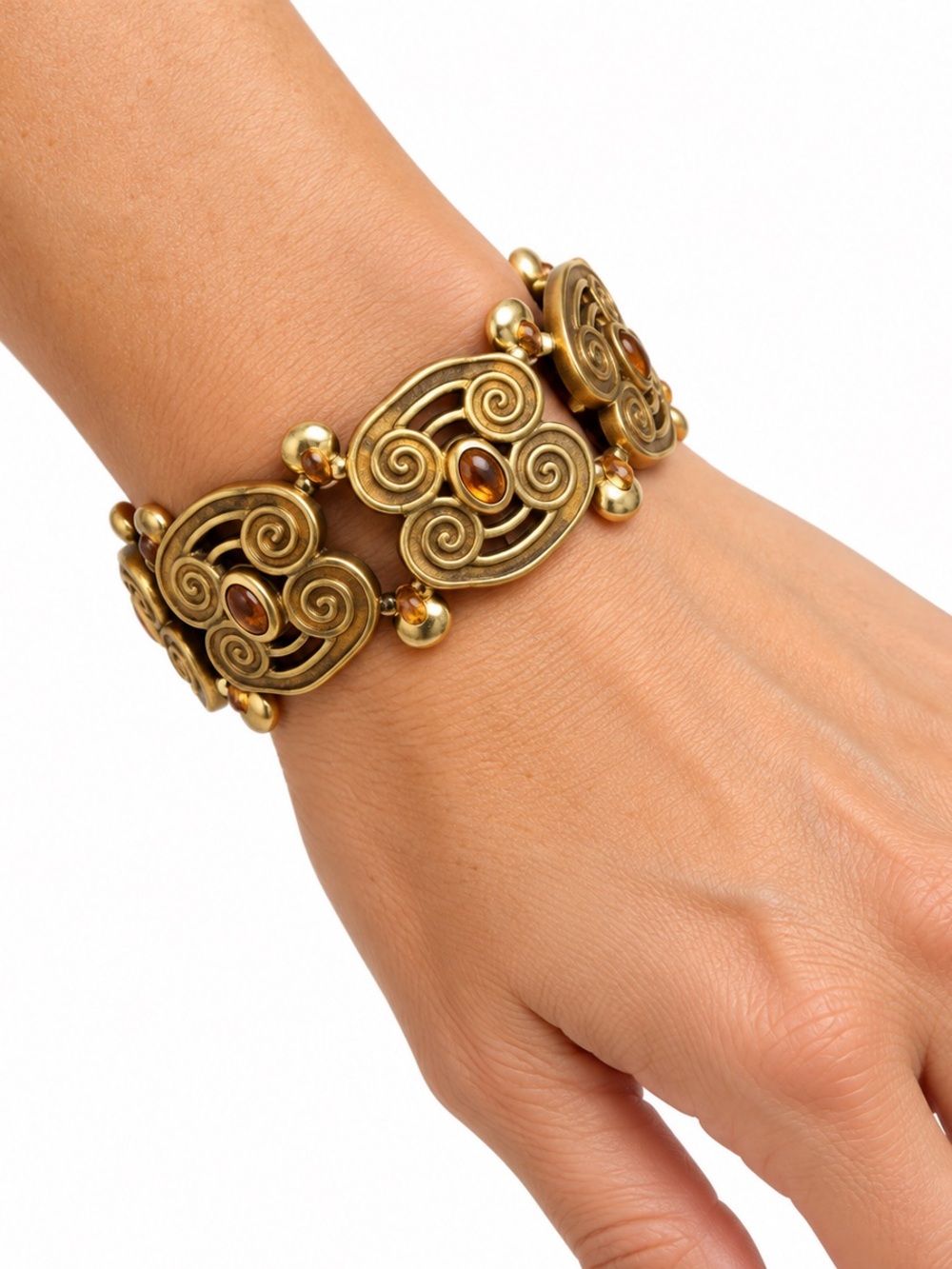 Vintage Gold-Tone Swirl Link Stretch Bracelet with Amber Accents